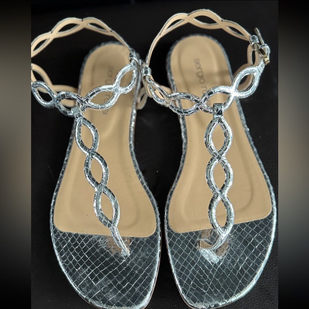 Sergio Rossi Silver Metallic T-Strap Sandals